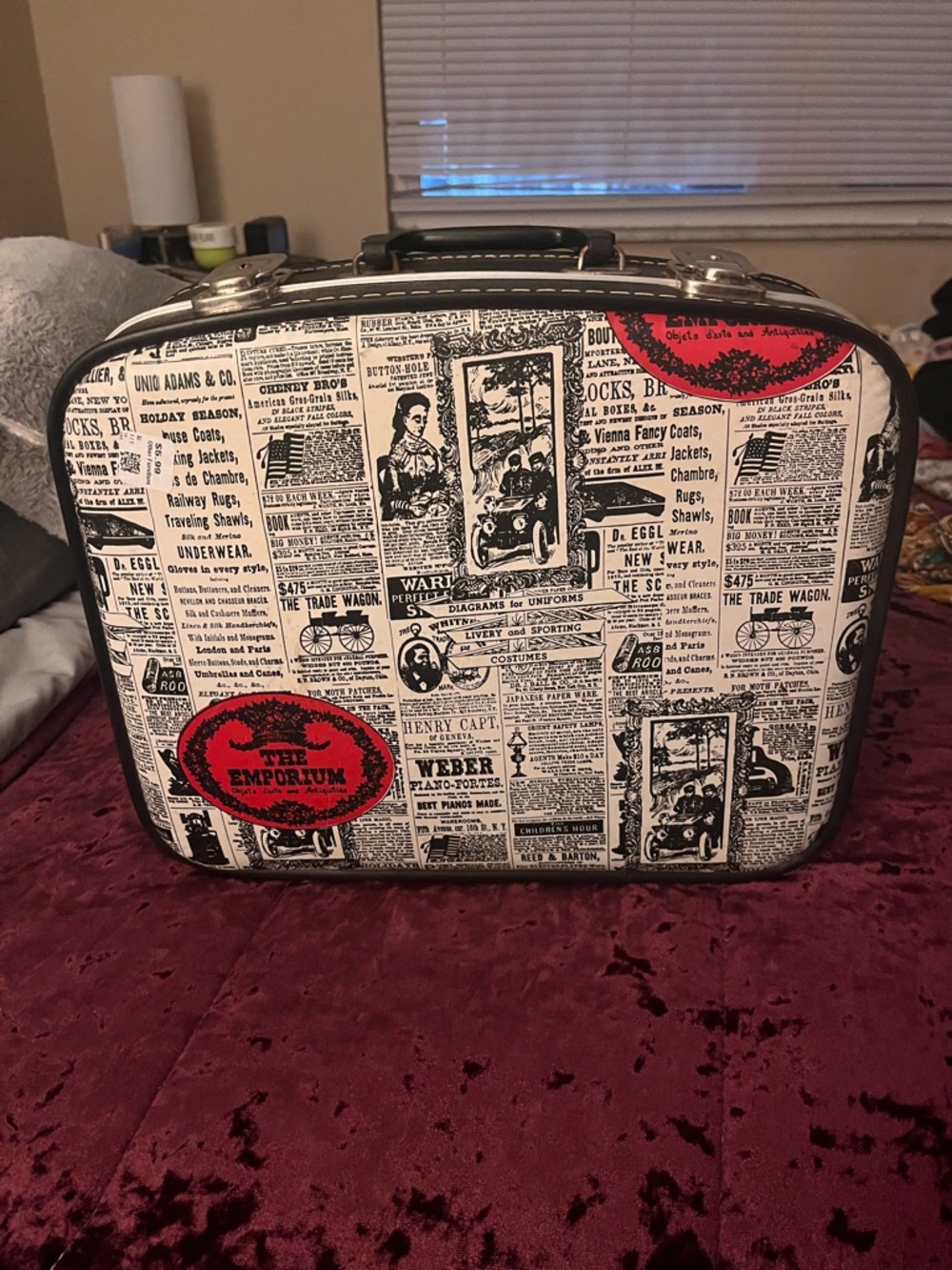 “The Emporium “ Vintage Leather hard news paper print hard suitcase.